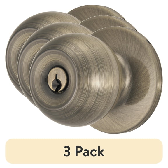 (3 pack) Brinks Keyed Entry Classic Ball Style Doorknob, Antique Brass Finish
