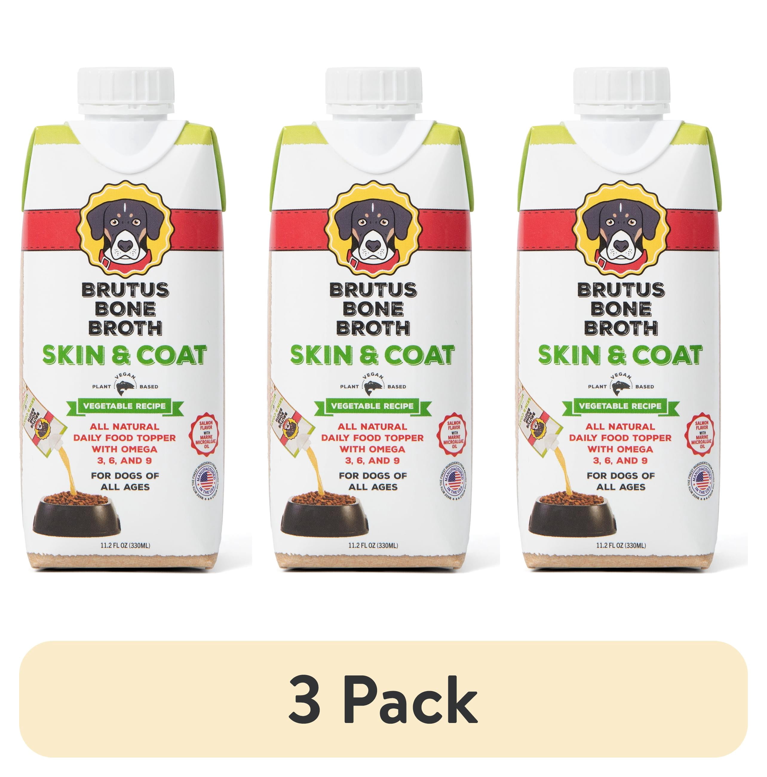 (3 pack) Brutus Bone Broth Skin & Coat Vegetable Flavor Liquid Dog Food Topper, 11.2 fl oz