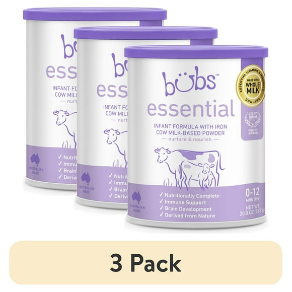 (3 pack) Bubs Essential Baby Formula with Iron, Cow Milk-Based, for Infants 0 to 12 Months, 20 oz Canister