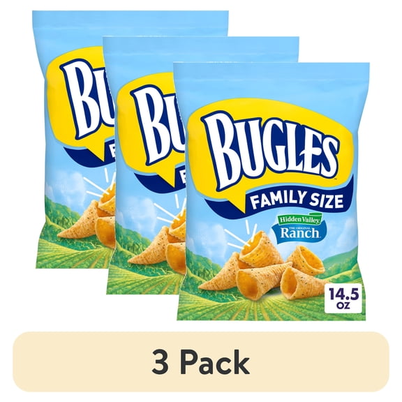 (3 pack) Bugles Crispy Corn Snacks, Hidden Valley Ranch Flavor, Snack Bag, 14.5 oz