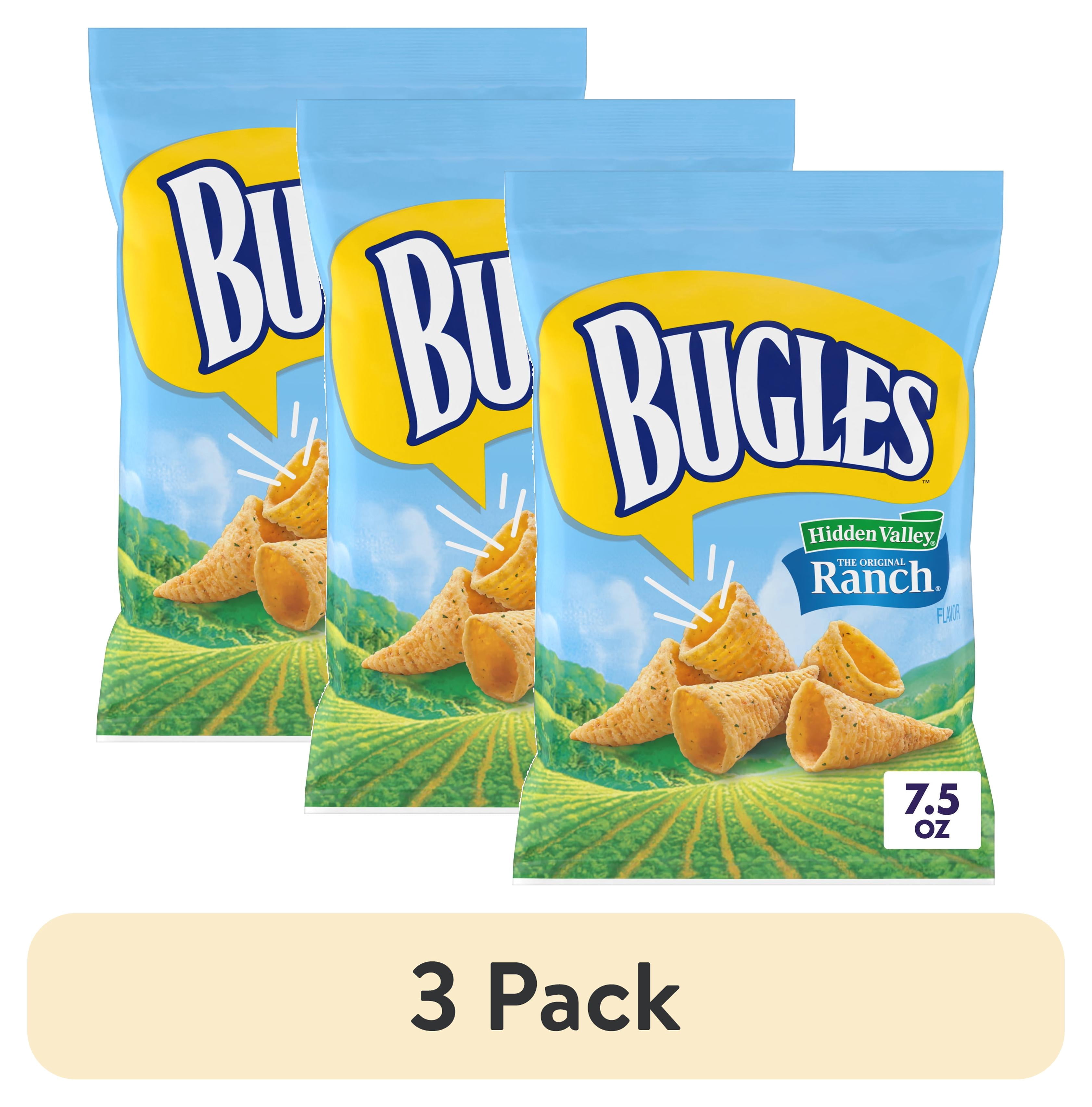 (3 pack) Bugles Crispy Corn Snacks, Hidden Valley Ranch Flavor, Snack Bag, 7.5 oz