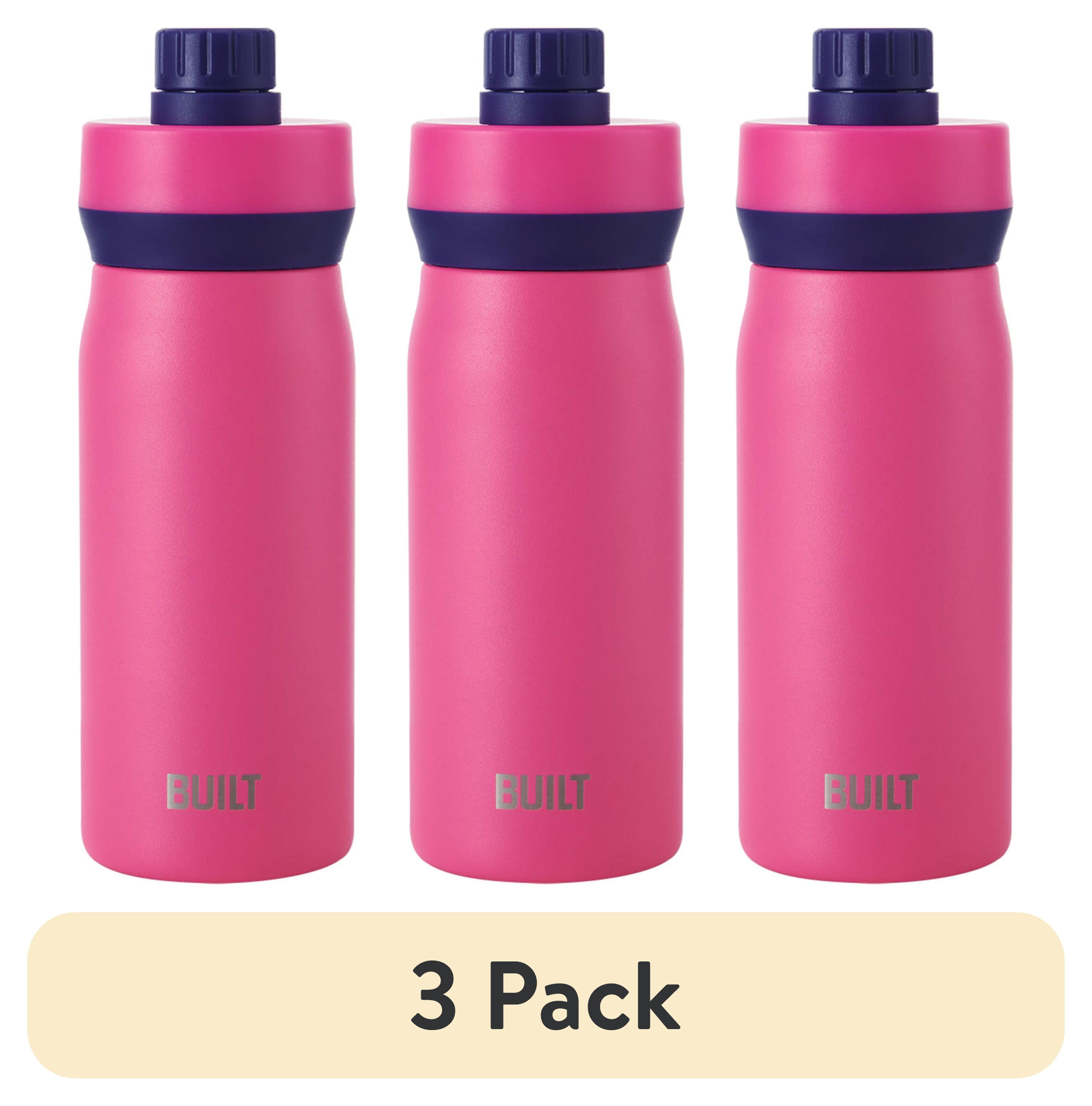 (3 pack) BUILT Cascade 16 oz Stainless Steel Kids Water Bottle with Leakproof Flip-Top Chug Lid, Pink