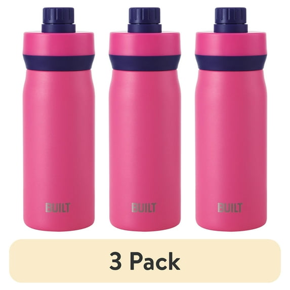 (3 pack) BUILT Cascade 16 oz Stainless Steel Kids Water Bottle with Leakproof Flip-Top Chug Lid, Pink