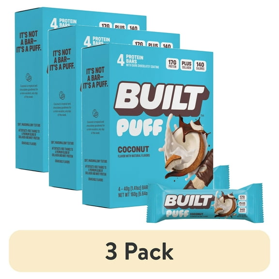 (3 pack) BUILT Puff Protein Bar, Coconut, 17g Protein, Collagen, 140 Calories, 4 Count Box, 1.41 oz Bars