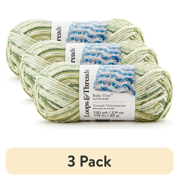 (3 pack) Bulky Twist Multi Yarn by Loops & Threads - Yarn for Knitting - Crochet - Weaving - and Arts & Crafts - Green - Cotton Blend - 2.9 oz