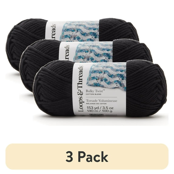 (3 pack) Bulky Twist Solid Yarn by Loops & Threads - Yarn for Knitting - Crochet - Weaving - and Arts & Crafts - Black - Cotton Blend - 3.5 oz