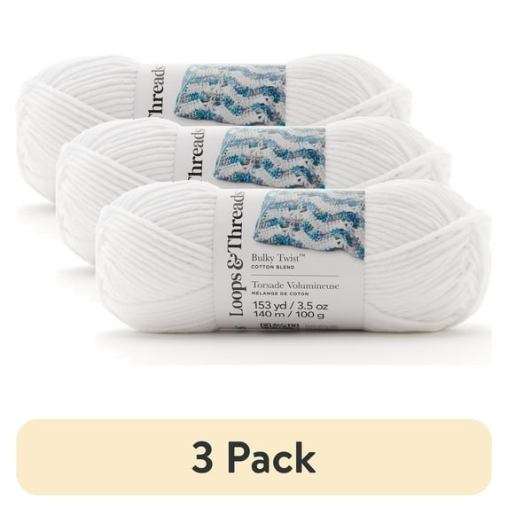 (3 pack) Bulky Twist Solid Yarn by Loops & Threads - Yarn for Knitting - Crochet - Weaving - and Arts & Crafts - White - Cotton Blend - 3.5 oz