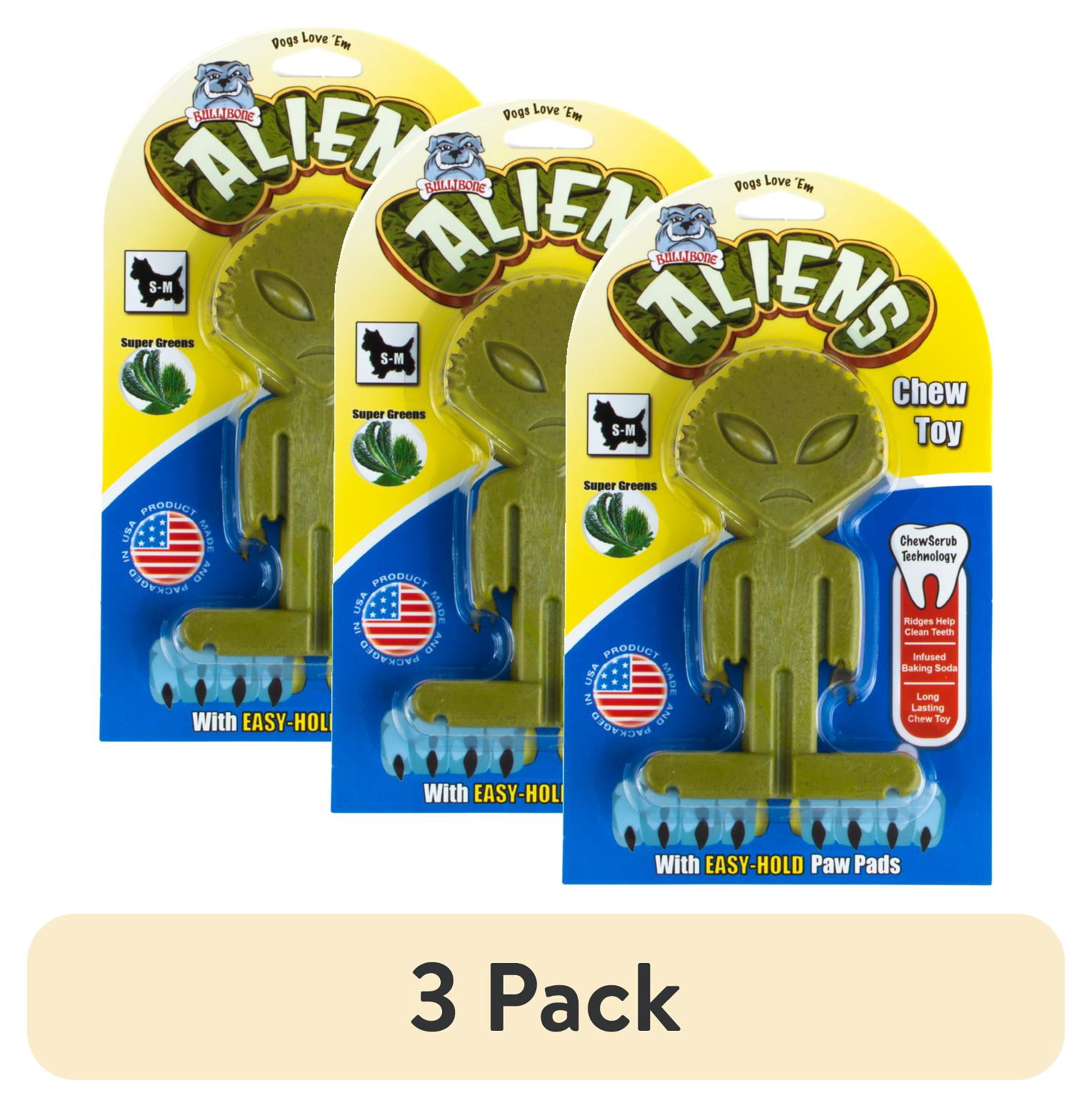 (3 pack) Bullibone Alien Bone Dog Chew Toy Small With Handles Super Greens Flavor