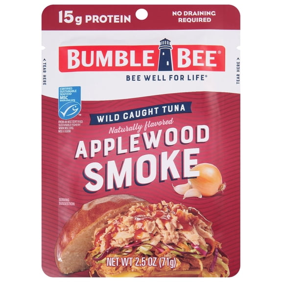 (3 pack) Bumble Bee Applewood Smoke Naturally Flavored Light Tuna, Wild Caught, Gluten Free, 15g Protein per Serving, Ready to Eat, Shelf Stable Pouch, 2.5 oz