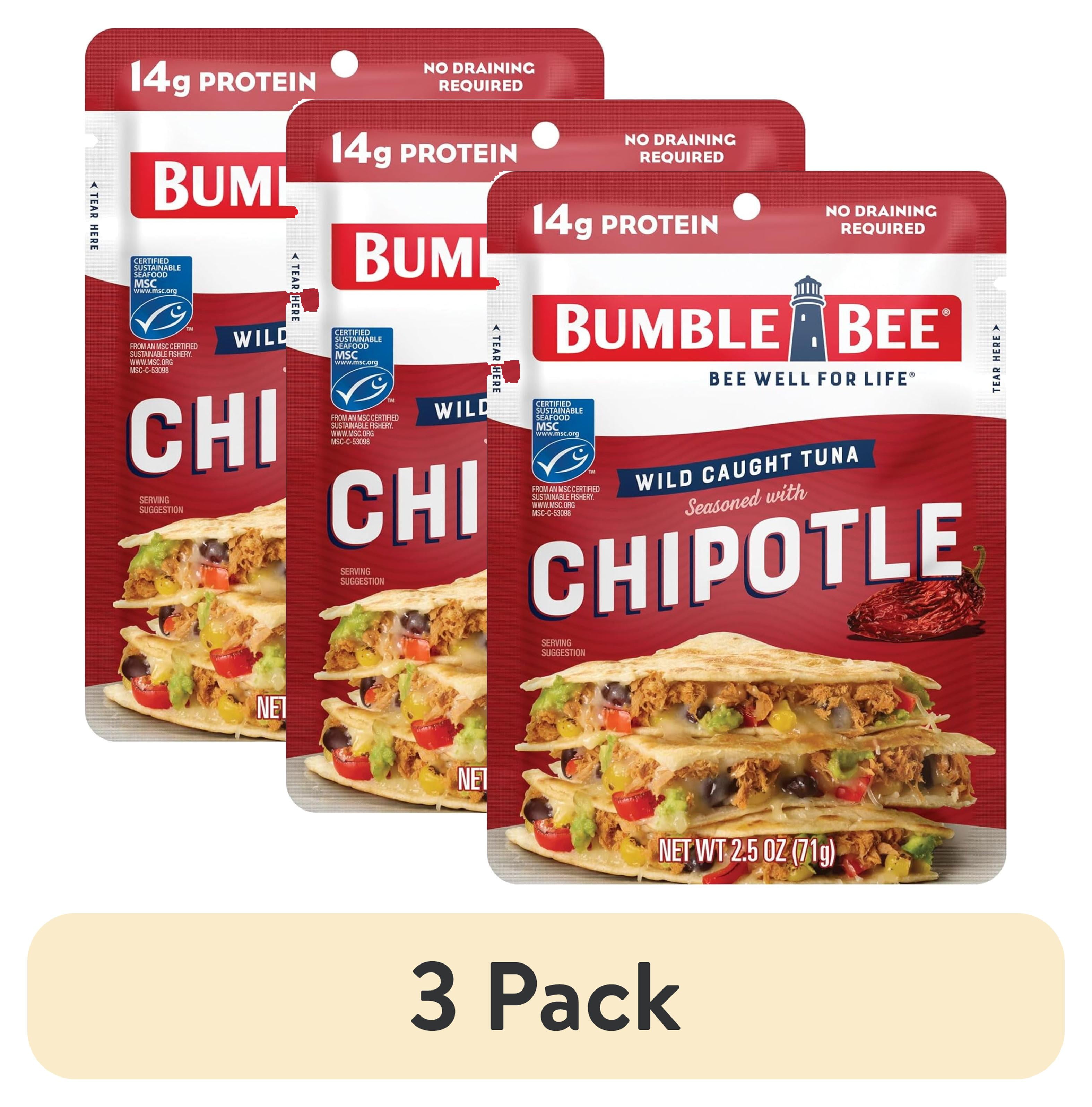 (3 pack) Bumble Bee Chipotle Seasoned Light Tuna, Wild Caught, Gluten Free, 14g Protein per Serving, Ready to Eat, Shelf Stable Pouch, 2.5 oz