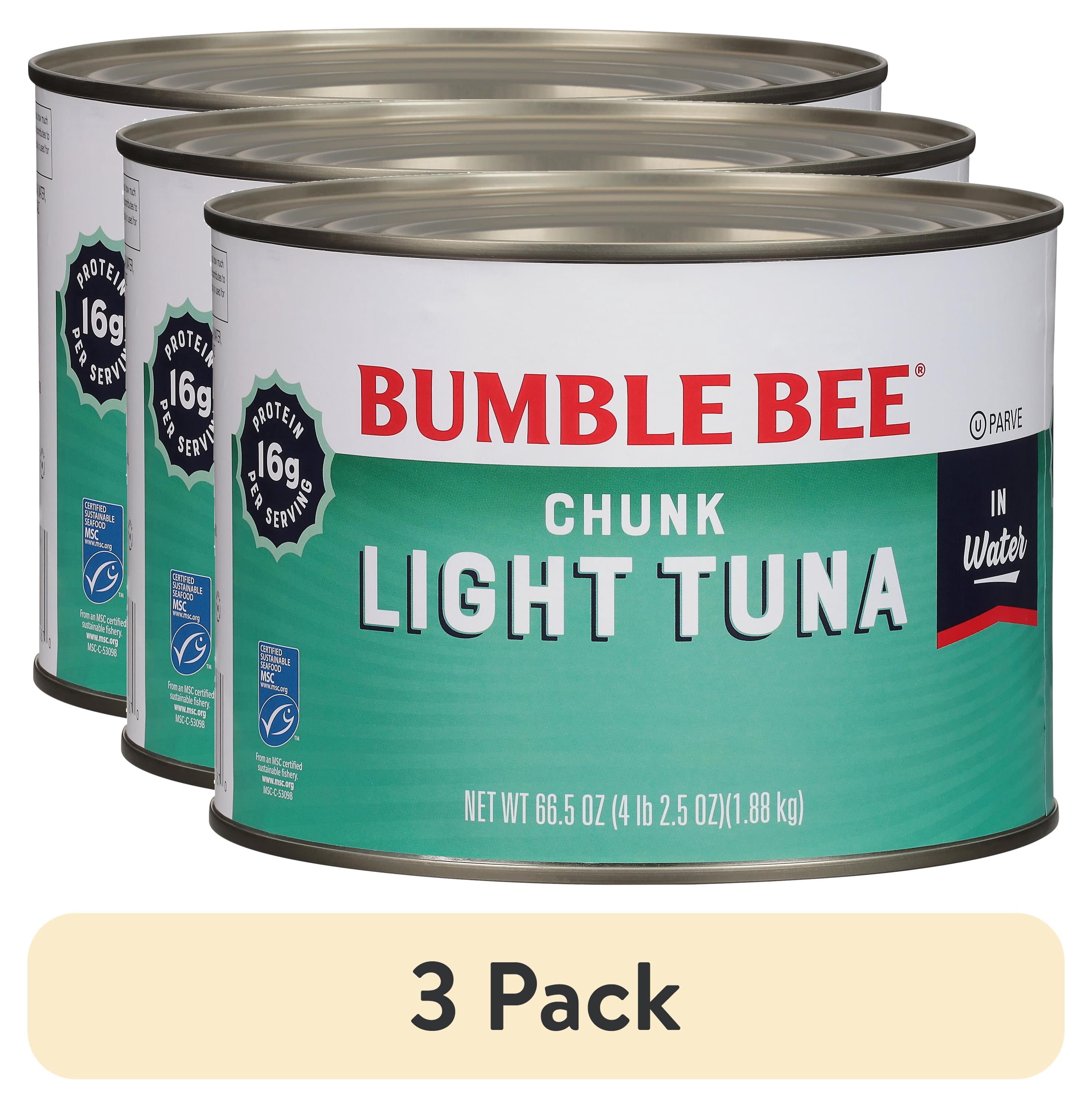 (3 pack) Bumble Bee Chunk Light Tuna in Water, Wild Caught, Gluten Free, 17g Protein per Serving, Shelf Stable Can, 66.5 oz
