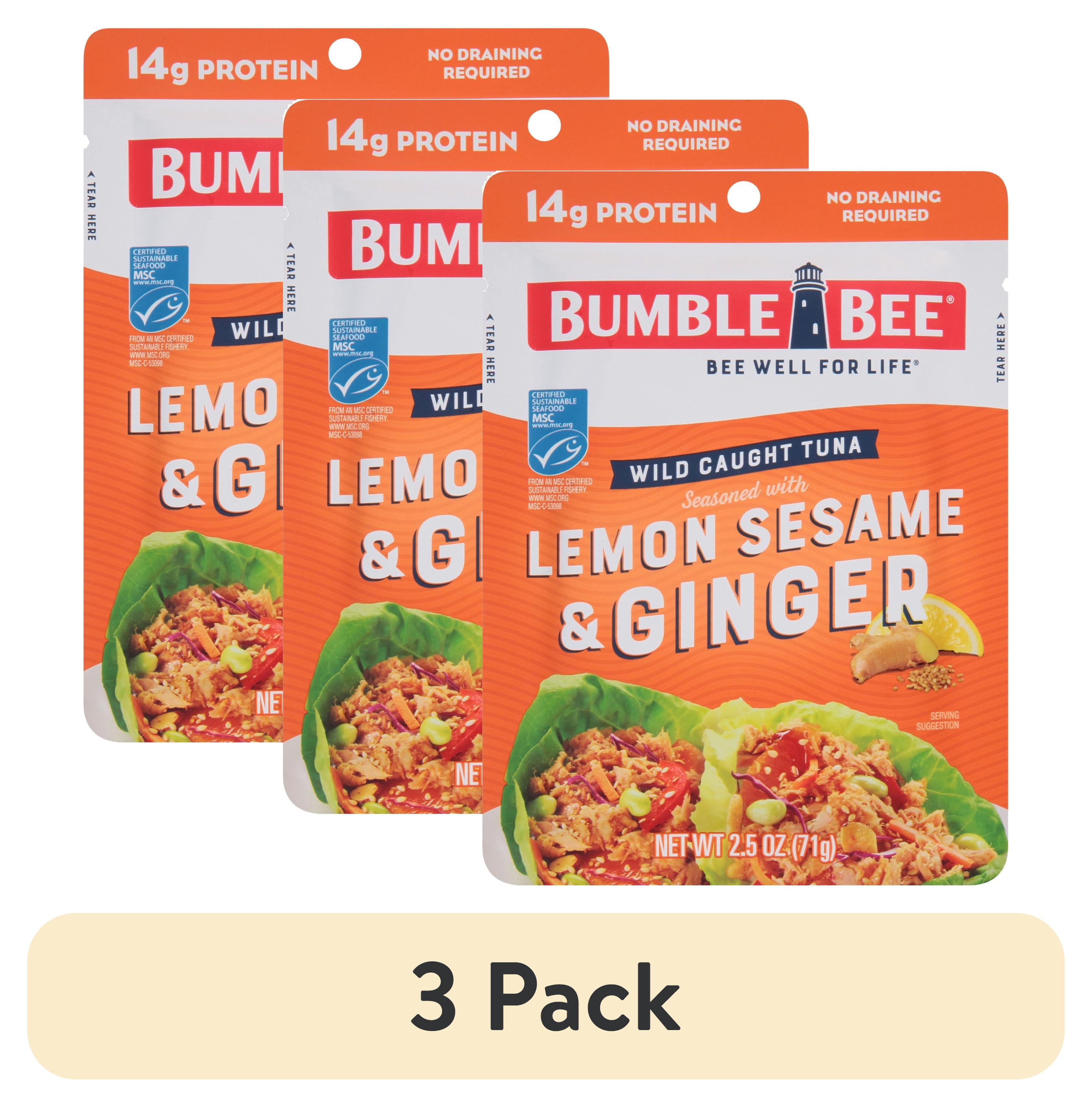 (3 pack) Bumble Bee Lemon Sesame & Ginger Seasoned Light Tuna, Wild Caught, Ready to Eat, 14g Protein per Serving, Shelf Stable Pouch, 2.5 oz