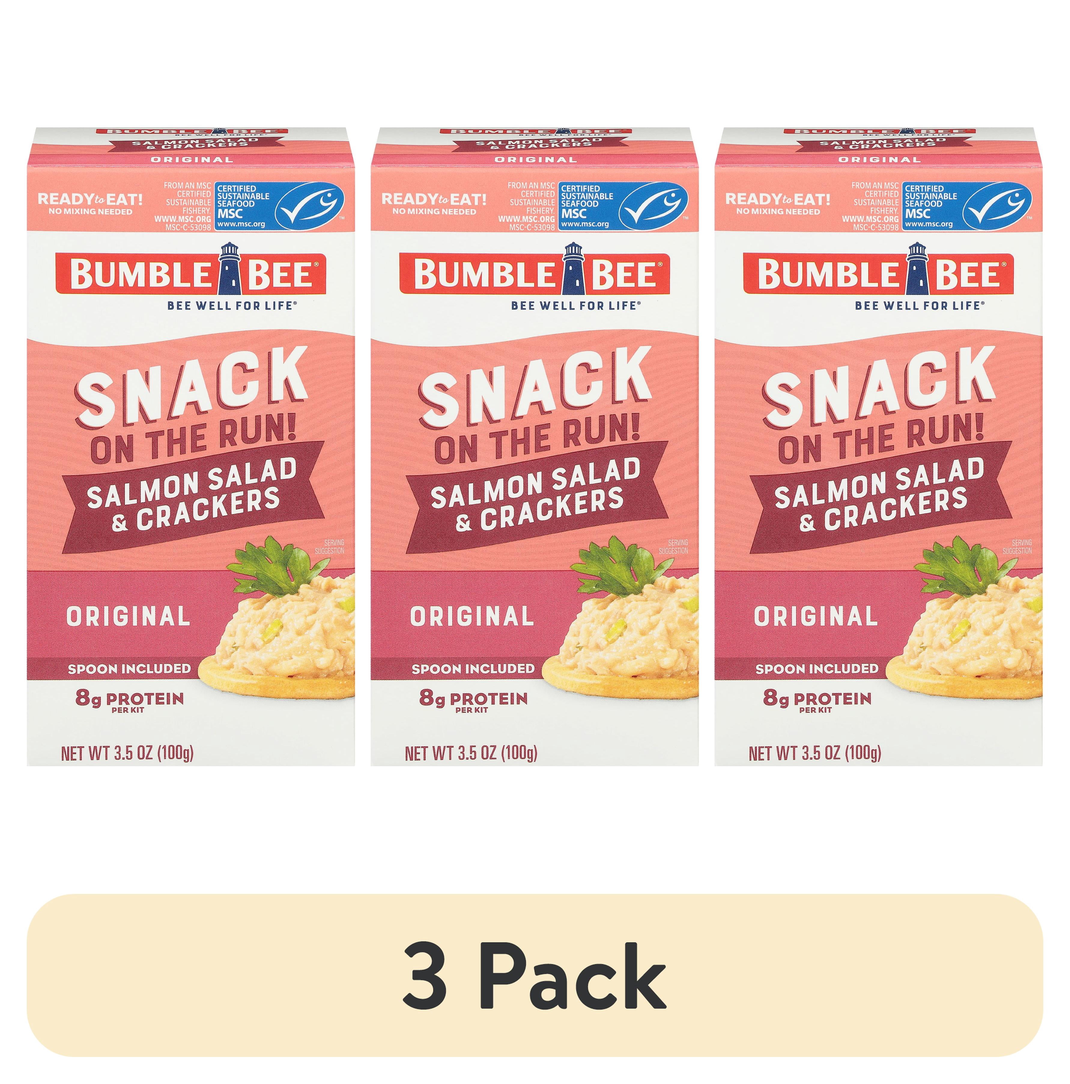 (3 pack) Bumble Bee Snack on The Run Salmon Salad with Crackers Kit, Ready to Eat, 8g Protein per Serving, Shelf Stable Box, 3.5 oz