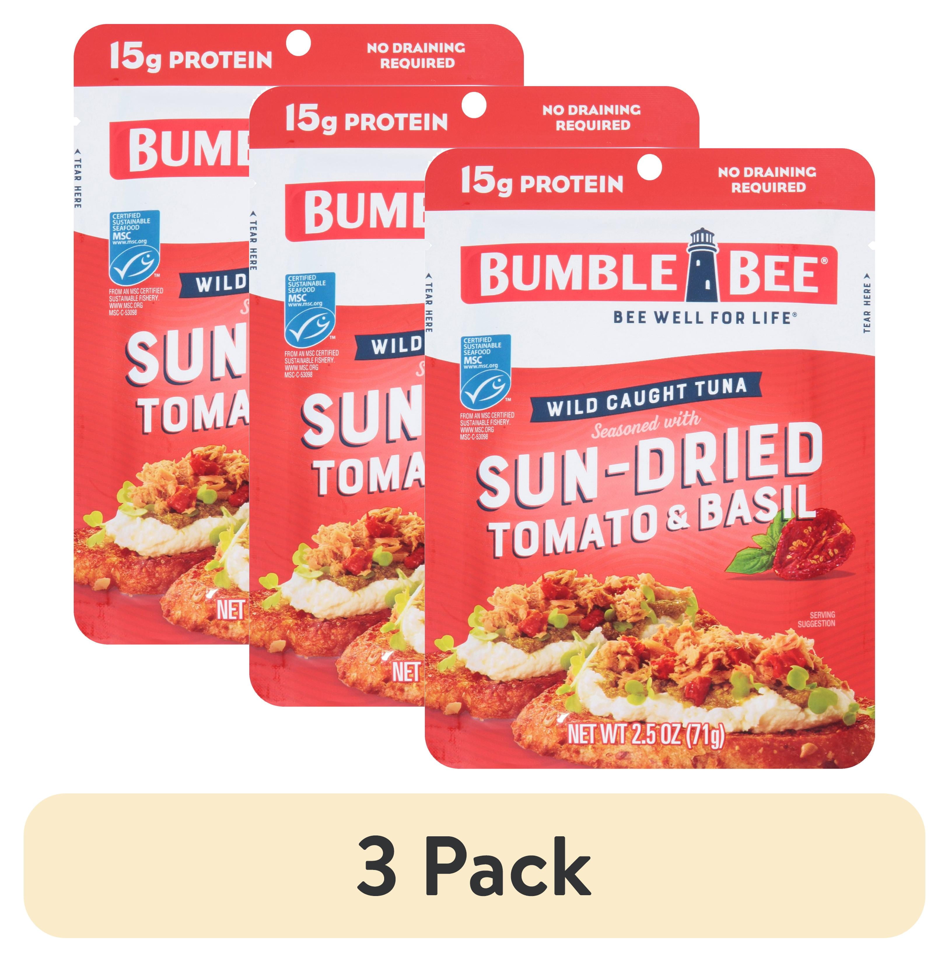 (3 pack) Bumble Bee Sun-Dried Tomato & Basil Seasoned Light Tuna, Wild Caught, Gluten Free, 15g Protein per Serving, Ready to Eat, Shelf Stable Pouch, 2.5 oz