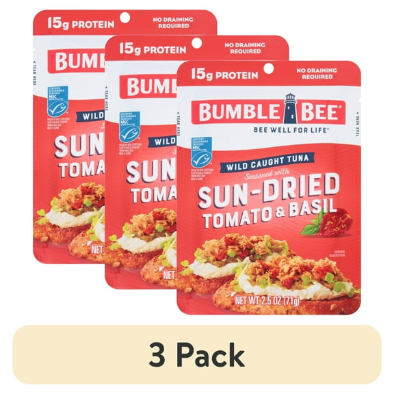 (3 pack) Bumble Bee Sun-Dried Tomato & Basil Seasoned Light Tuna, Wild Caught, Gluten Free, 15g Protein per Serving, Ready to Eat, Shelf Stable Pouch, 2.5 oz
