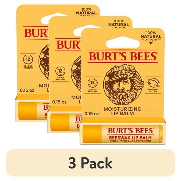 (3 pack) Burt's Bees 100% Natural Origin Moisturizing Beeswax Lip Balm, Peppermint, 1-Pack, 0.15 oz