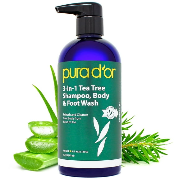 PURA D'OR 3-in-1 Tea Tree Shampoo, Body & Foot Wash, Shampoo - Total Body Care, 16 Fl Oz