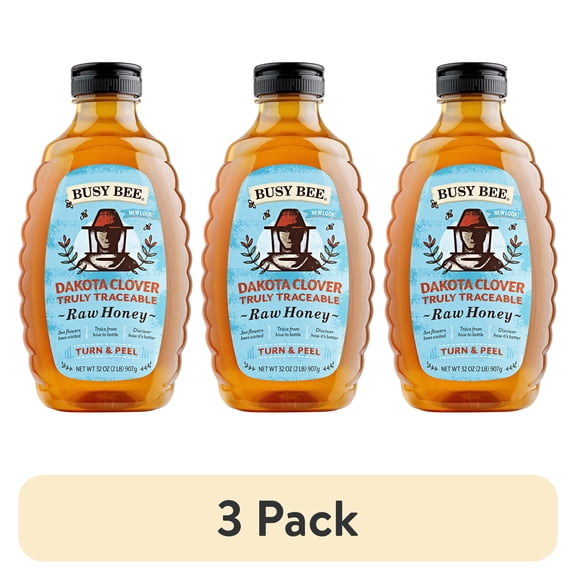 (3 pack) Busy Bee Raw Dakota Clover Honey, 100% Traceable, 32 oz Squeeze Bottle, Peel The Back Label to Trace, No Allergens