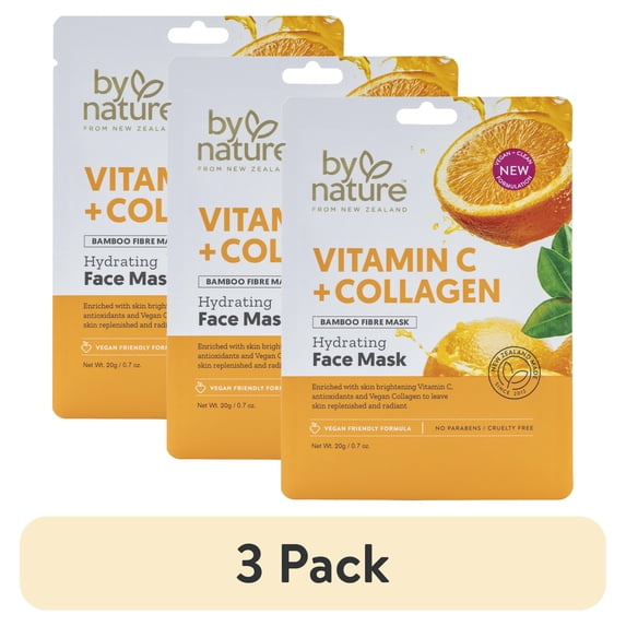 (3 pack) By Nature Skincare from New Zealand Vitamin C and Collagen Sheet Face Mask to Brighten and Hydrate Dull Skin