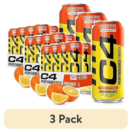 (3 pack) C4 Energy Performance Drink, Orange Slice Flavor, Zero Sugar, Carbonated, 16oz Can (12 Pack)