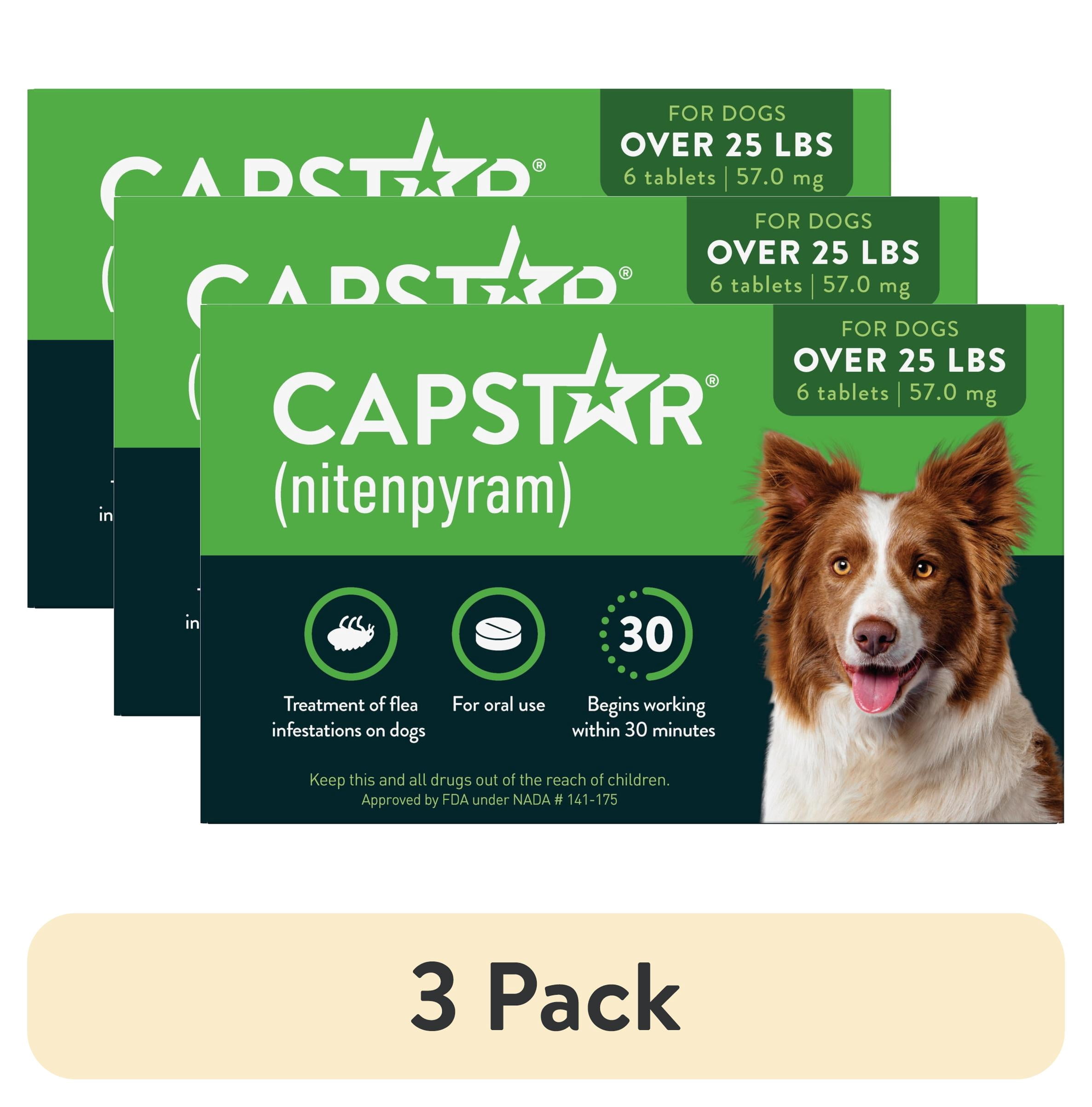 (3 pack) CAPSTAR (Nitenpyram) Fast-Acting Oral Flea Treatment for Large Dogs (over 25 lbs), 6 Tablets, 57 mg