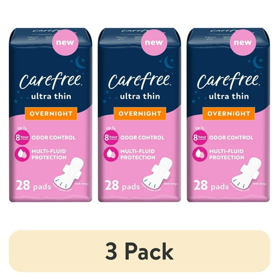 (3 pack) Carefree Ultra Thin Overnight Pads with Wings, 28 Count