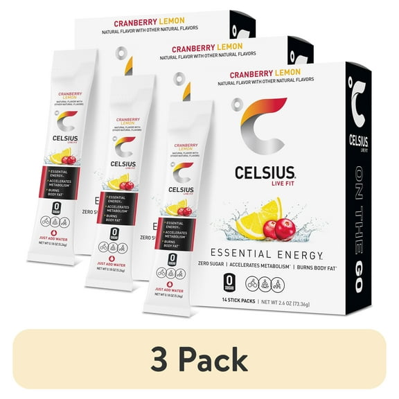 (3 pack) CELSIUS On The Go Energy Drink Mix, Cranberry Lemon (14 Stick Pack)