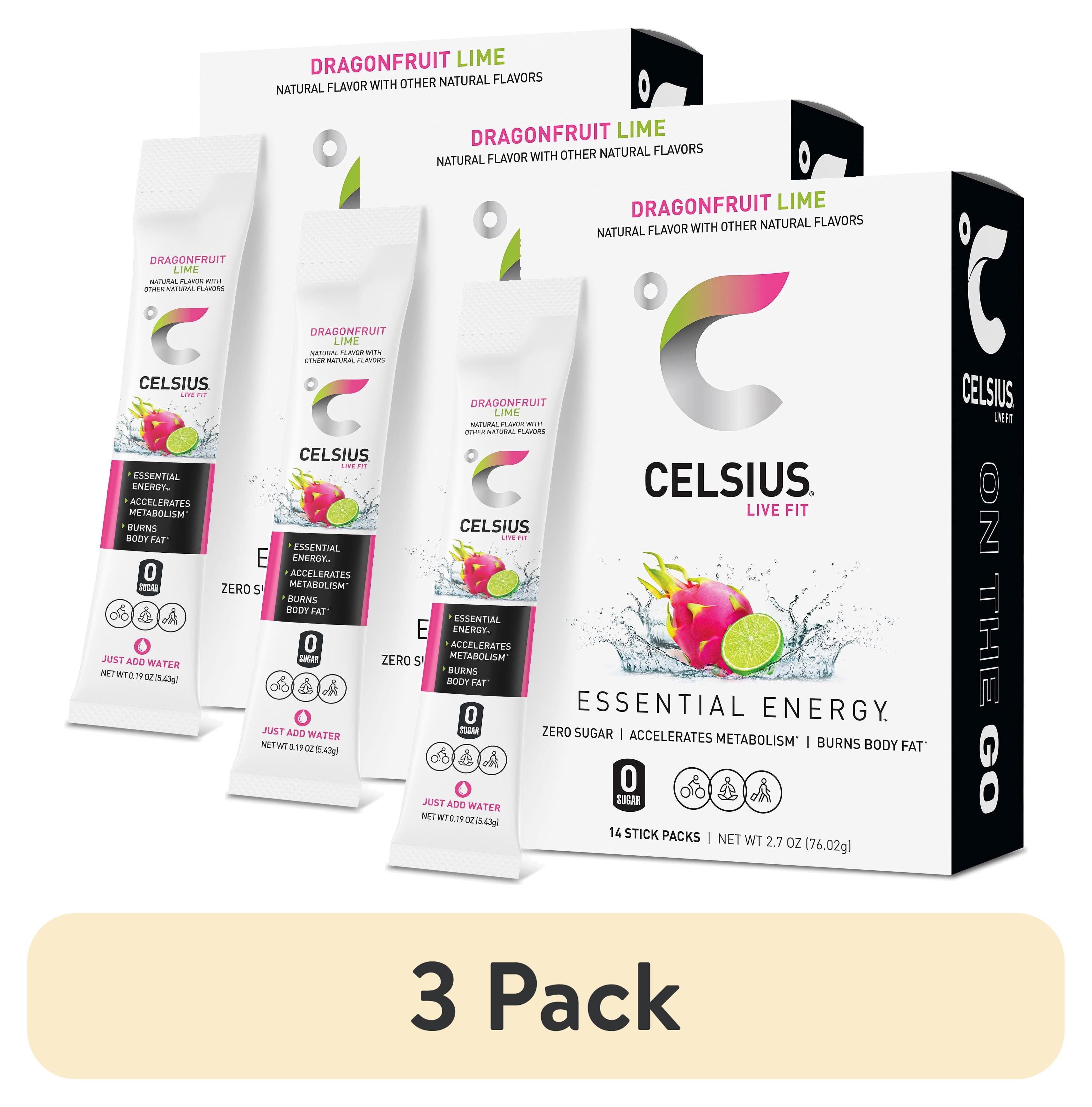 (3 pack) CELSIUS On The Go Energy Drink Mix, Dragonfruit Lime (14 Stick Pack)