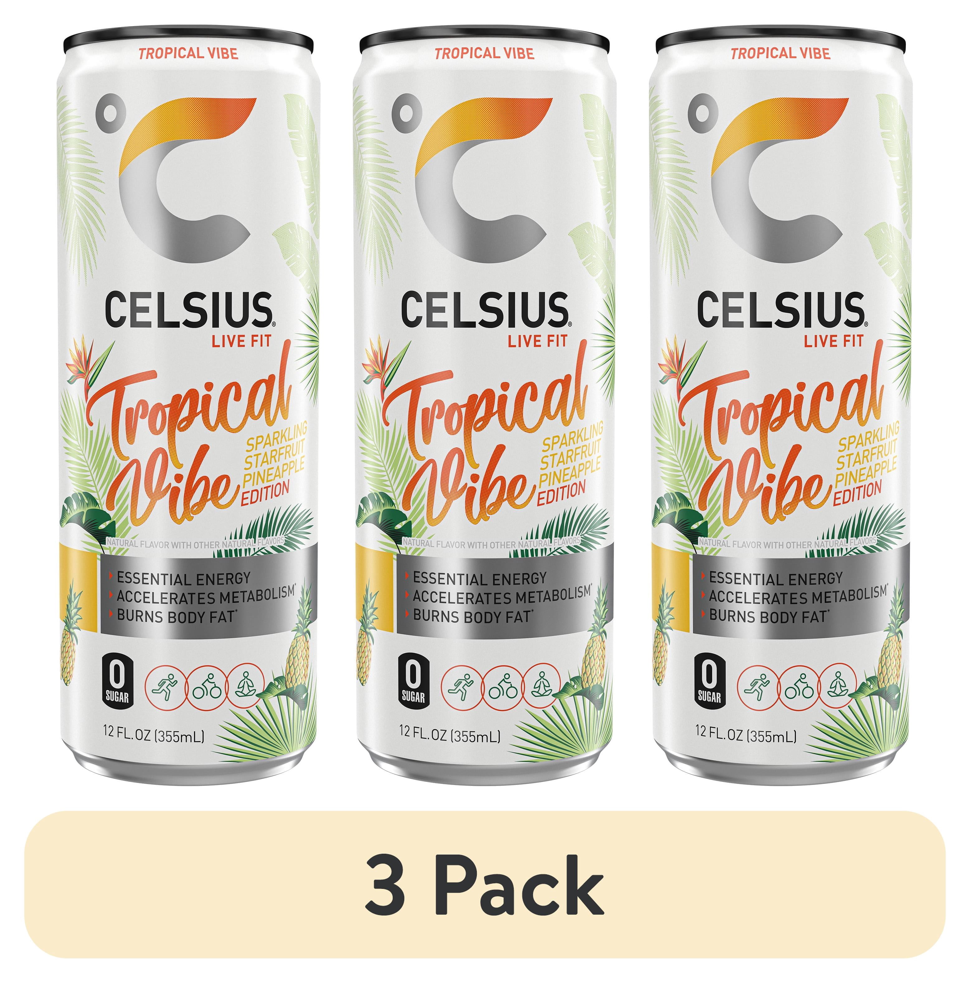(3 pack) CELSIUS Sparkling Tropical Vibe, Functional Energy Drink 12 fl oz Single Can