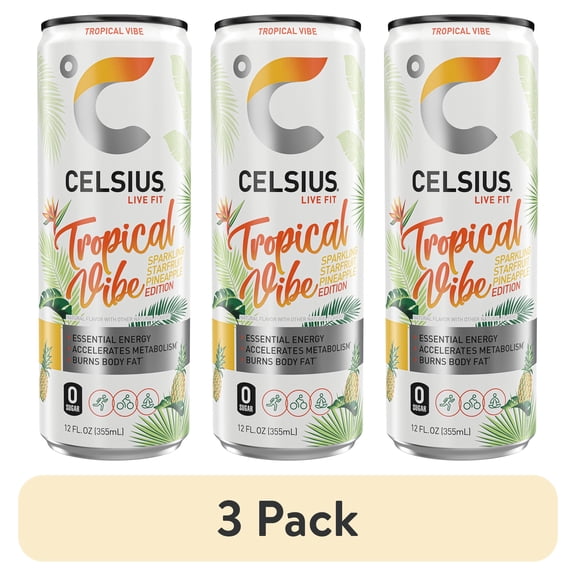 (3 pack) CELSIUS Sparkling Tropical Vibe, Functional Energy Drink 12 fl oz Single Can