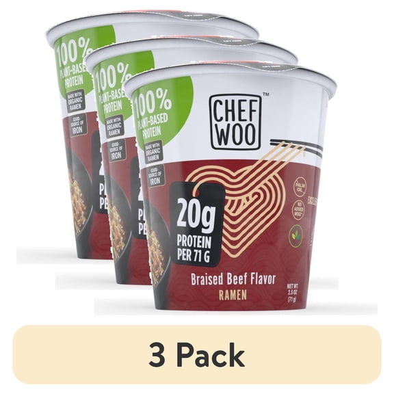 (3 pack) CHEF WOO Braised Beef Ramen, High Protein Noodles, 20g of Animal-free, Bioavailable Protein, 2.5 oz Cup