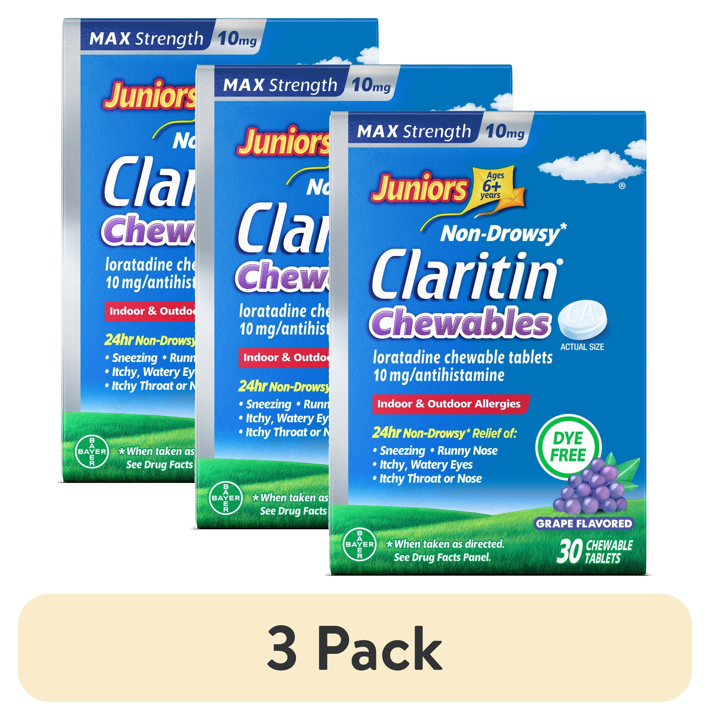 (3 pack) CLARITIN Juniors Max Strength 24hr. Chewable 10mg. Grape 30ct