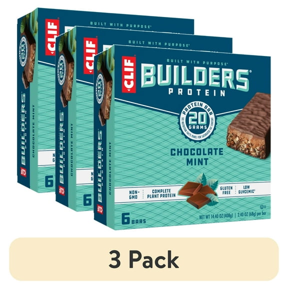 CLIF BUILDERS Protein Bars Chocolate Mint Flavor, Plant Protein, Gluten Free Bars, 6ct