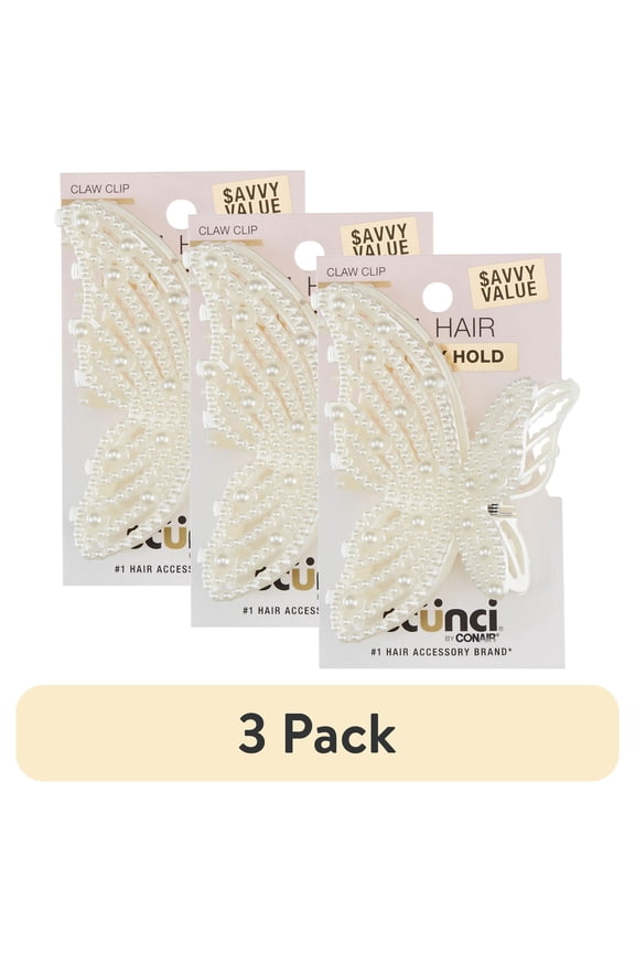 (3 pack) Scunci Faux Pearl Butterfly Claw Clip, Pearl, 1 Count