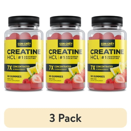 (3 pack) CON-CRET Creatine HCl Gummies, Sour Berry Zing Flavor, Supports Muscle & Brain Health, 60 Count