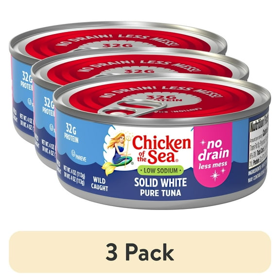 (3 pack) Chicken of the Sea Wild Caught Solid White Pure Tuna, No Drain, Low Sodium 4 oz