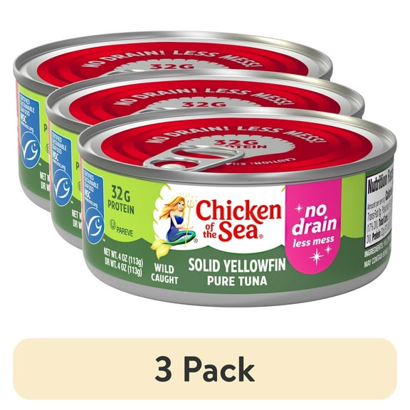(3 pack) Chicken of the Sea Wild Caught Solid Yellowfin Pure Tuna, No Drain 4 oz