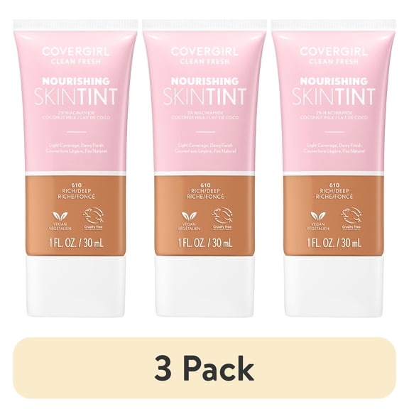 (3 pack) COVERGIRL Clean Fresh Nourishing Skin Tint, Dewy Finish, Rich/Deep, 1 fl oz (Packaging May Vary)