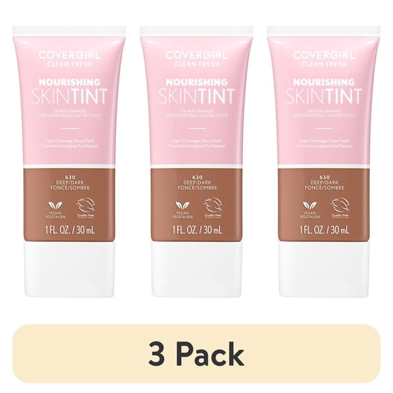 (3 pack) COVERGIRL Clean Fresh Nourishing Skin Tint, Dewy Finish, Deep/ Dark, 1 fl oz (Packaging May Vary)