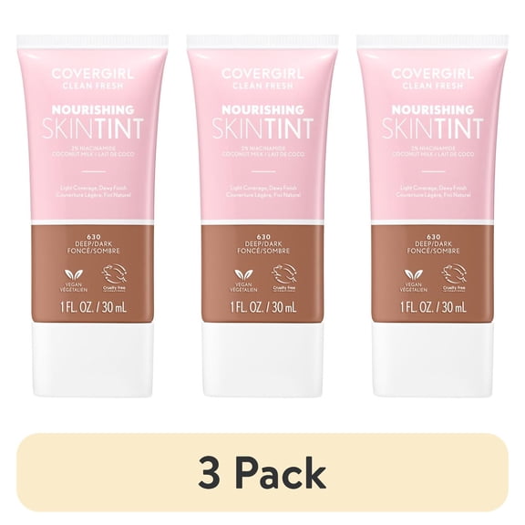 (3 pack) COVERGIRL Clean Fresh Nourishing Skin Tint, Dewy Finish, Deep/ Dark, 1 fl oz (Packaging May Vary)