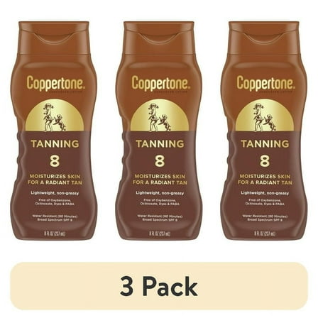 (3 pack) Coppertone Tanning Sunscreen Lotion, SPF 8 Broad Spectrum Sunscreen, 8 fl oz