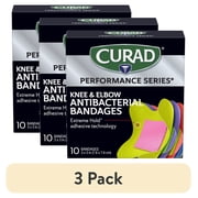 3 pack CURAD  Performance Series  Antibacterial Bandages, Elbow/Knee, 6 Assorted Colors, 3 in x 3 in, 60 Count 6 Boxes of 10 Each