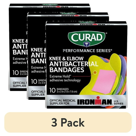 (3 pack) CURAD Performance Series IRONMAN Antibacterial Bandages, Elbow/Knee, 3" X 3", 10Ct