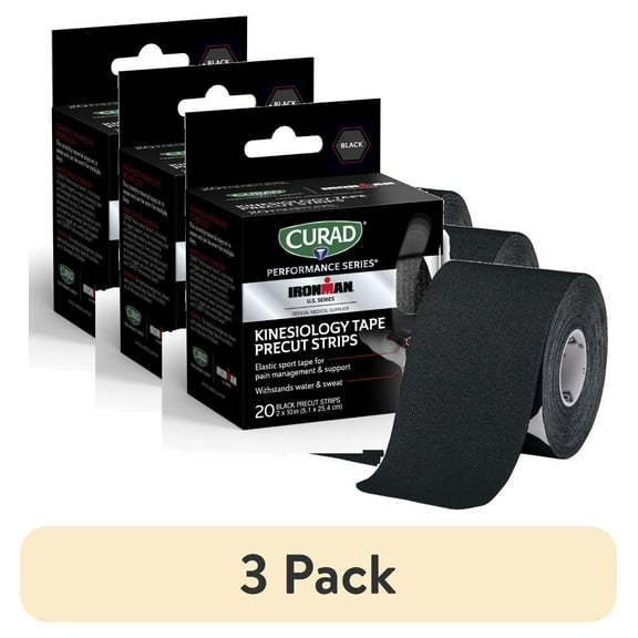(3 pack) CURAD Performance Series IRONMAN Kinesiology Tape, Pain Management Technology, Sweat & Water-Resistant Athletic Tape, Compression Support for Joints & Muscles, Black, 2 x 10 inches, 1 Roll(20 Strips)