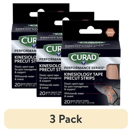 (3 pack) CURAD® Performance Series® Kinesiology Tape, Pain Management Technology, Sweat & Water-Resistant Athletic Tape, Beige, 2 in x 10 in, 1 Roll, 20 Strips