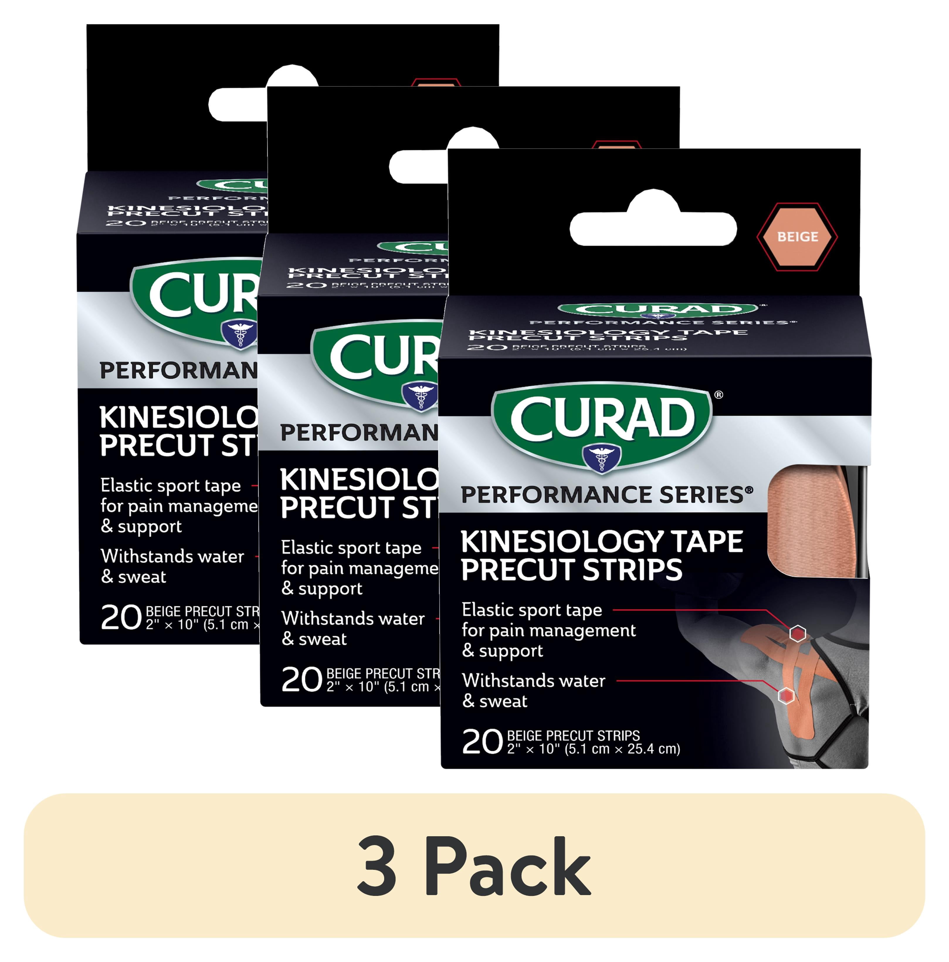 (3 pack) CURAD® Performance Series® Kinesiology Tape, Pain Management Technology, Sweat & Water-Resistant Athletic Tape, Beige, 2 in x 10 in, 1 Roll, 20 Strips