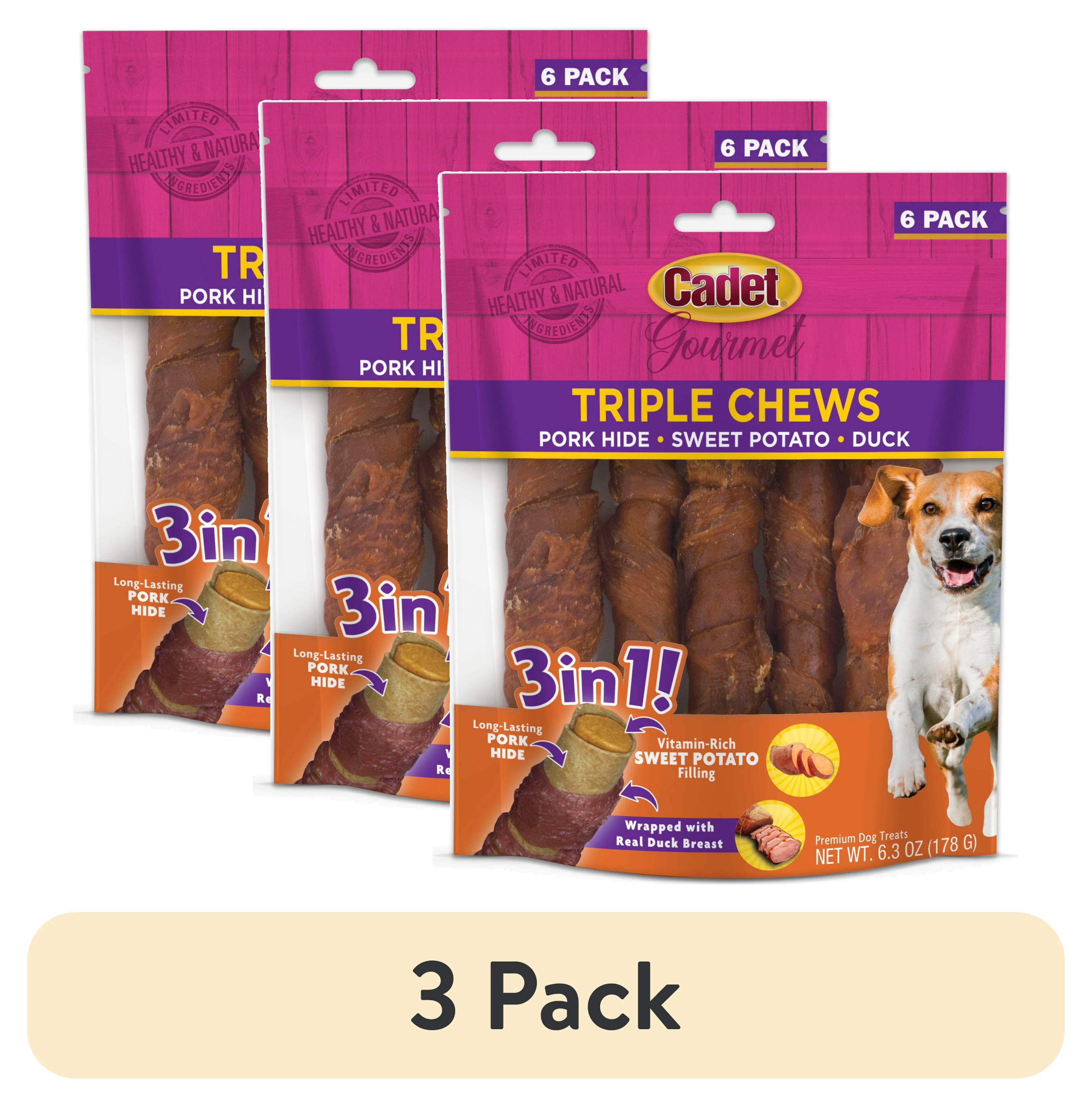 (3 pack) Cadet Gourmet Dog Treats Triple Chew Pork Hide Twists Dog Chews, Sweet Potato & Duck Flavor, 6 Count