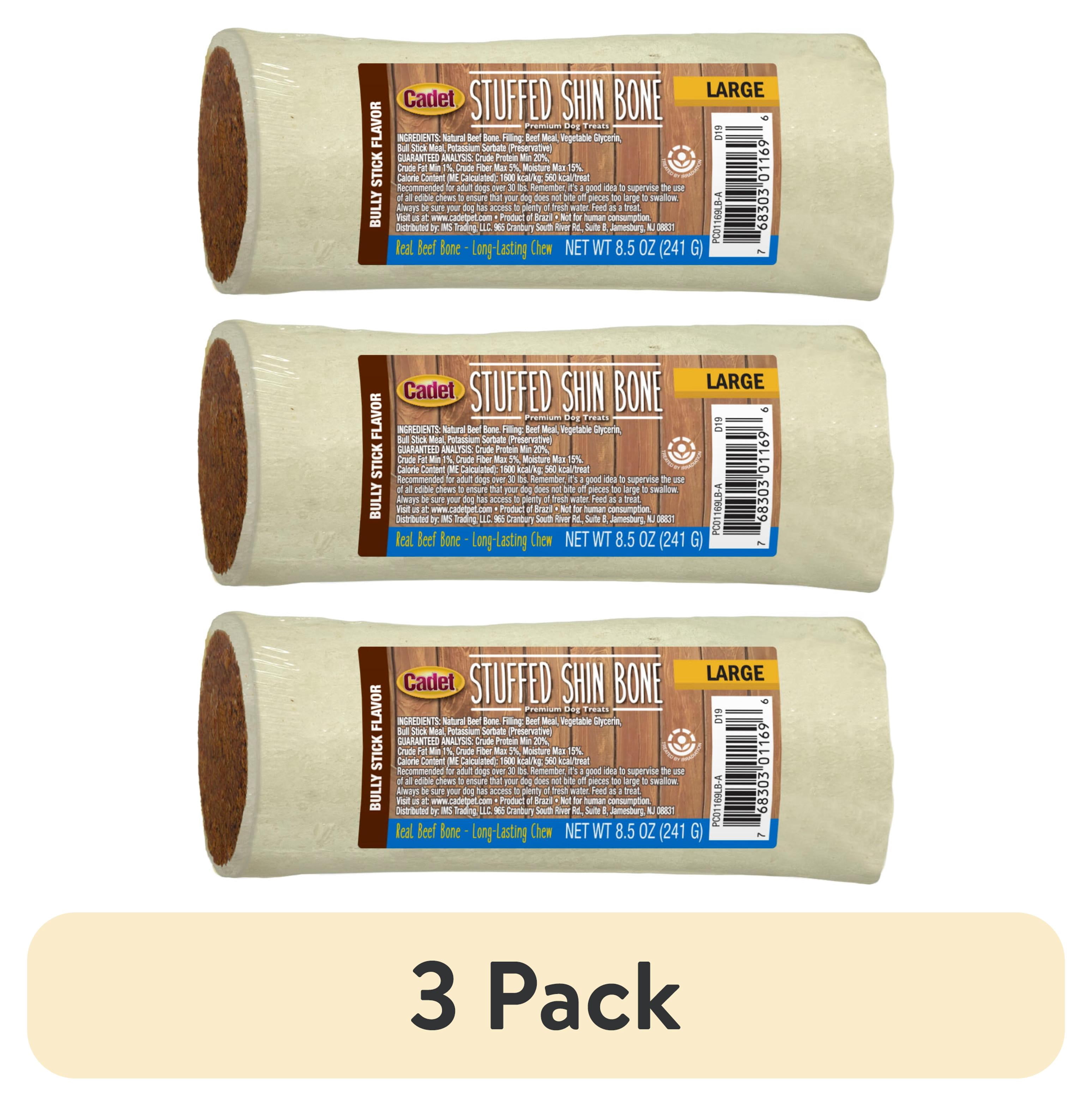 (3 pack) Cadet Stuffed Shin Bones Dog Treats, Long Lasting Bully Stick Filled Dog Bones for Large Dogs, 5-6 Inch, 1 Count