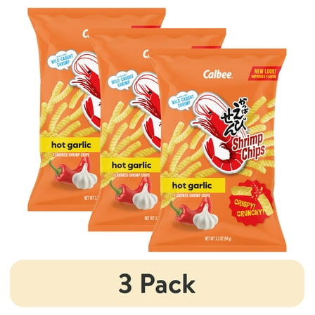 (3 pack) Calbee Shrimp Chips Baked Hot Garlic Flavored Shrimp Chips 3.3oz Bag