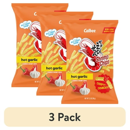 (3 pack) Calbee Shrimp Chips Baked Hot Garlic Flavored Shrimp Chips 3.3oz Bag